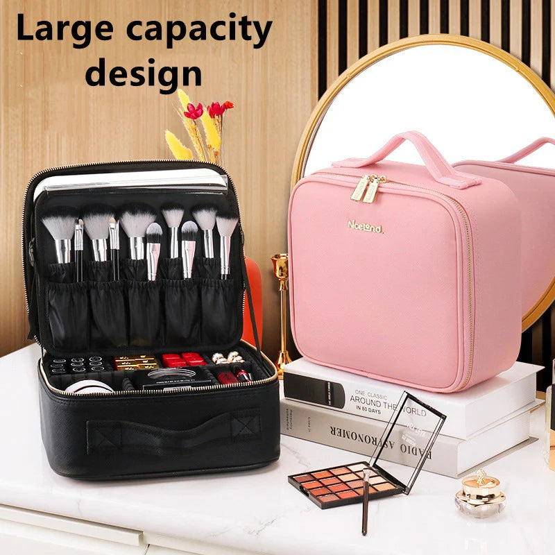 New LED Lighted Cosmetic Case with Mirror Waterproof PU Leather Portable Travel Makeup Storage Bags
